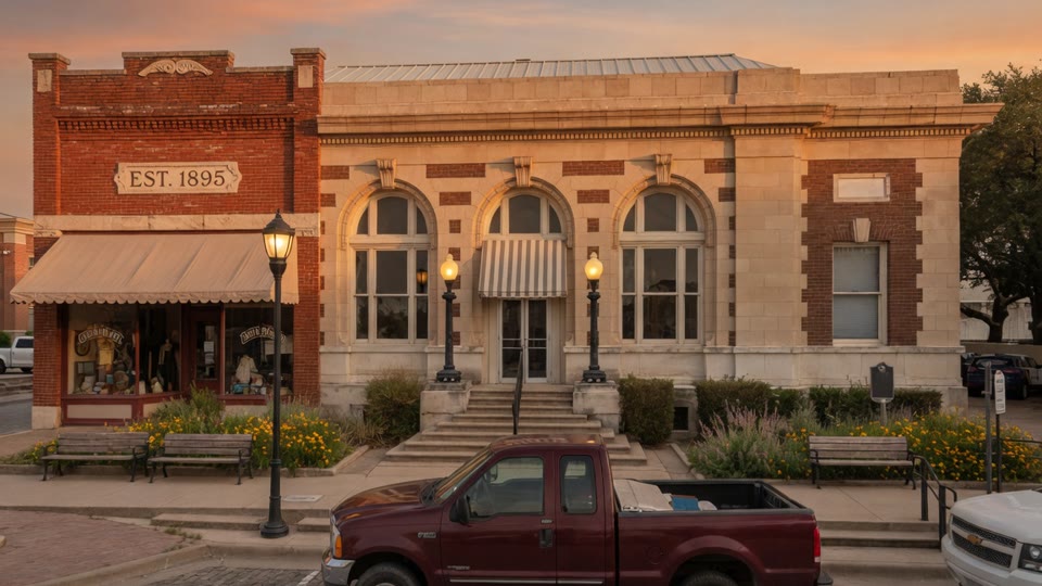 Downtown Greenville storefronts in warm evening light