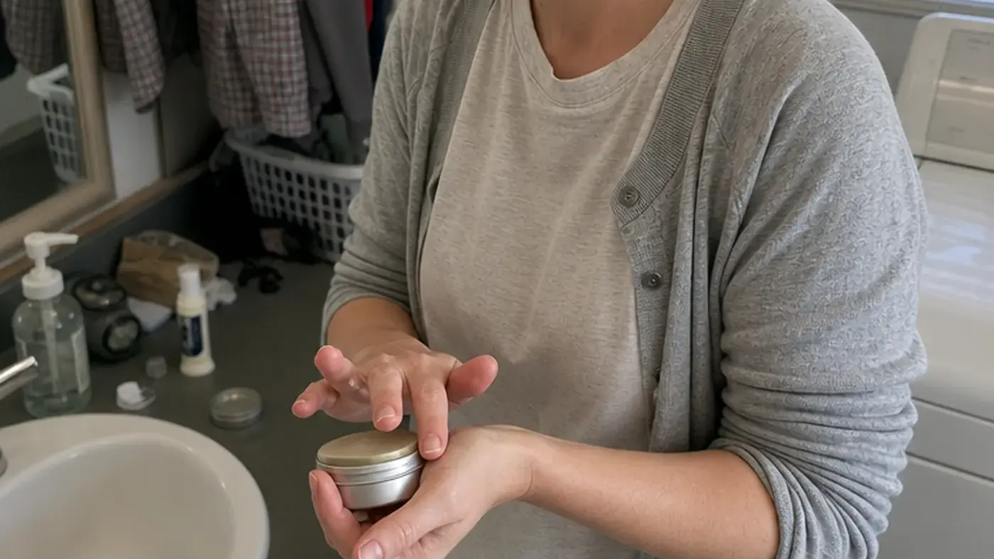 AI-generated still — a woman in a gray cardigan rubbing balm into the back of her hand while holding a small metal tin beside a bathroom sink, with a laundry basket and washer behind her