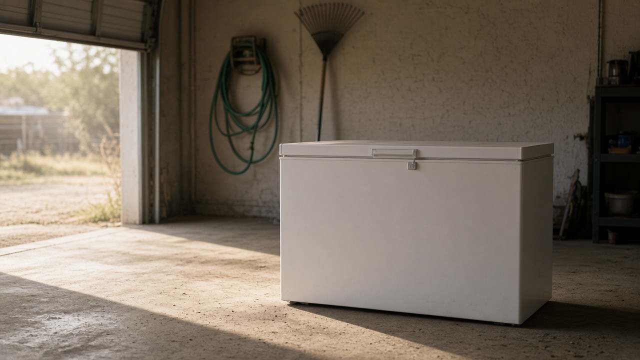 AI-generated still — white chest freezer in a Texas garage on a hot August afternoon