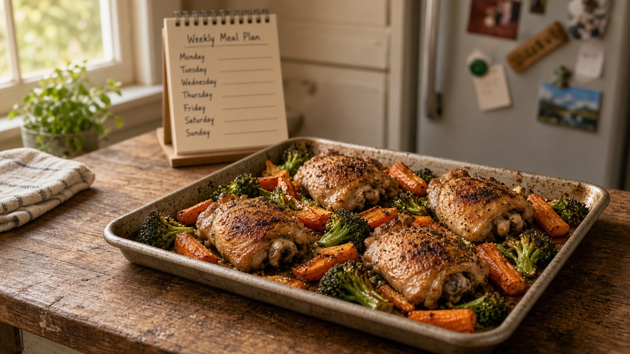 Sheet-pan chicken with vegetables on a kitchen counter beside a weekly meal plan pad
