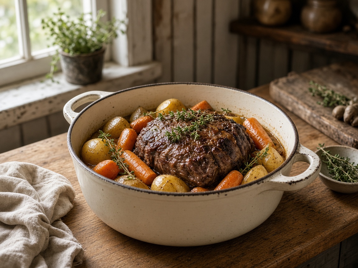 AI-generated still — chuck pot roast with carrots and potatoes in a Dutch oven on a rustic wood table in soft Sunday light