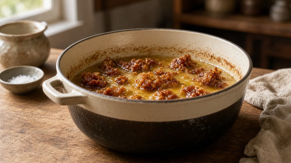 AI-generated still — browned cracklings floating in golden melted beef tallow in a cream enameled Dutch oven on a wood counter
