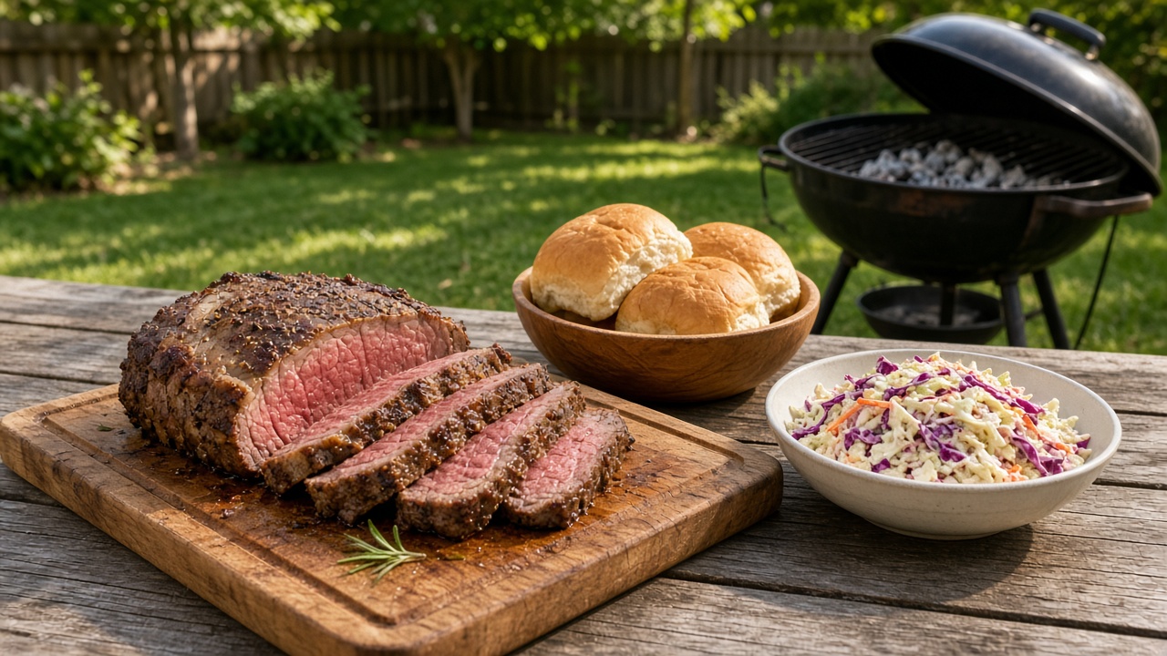 AI-generated still — sliced roast beef on a backyard picnic table with buns, coleslaw, and a charcoal grill in soft afternoon light