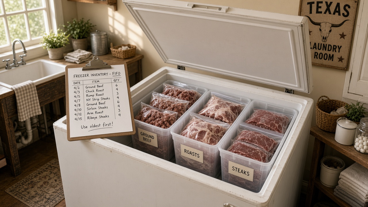 AI-generated still — labeled bins and a clipboard inventory list beside an open chest freezer