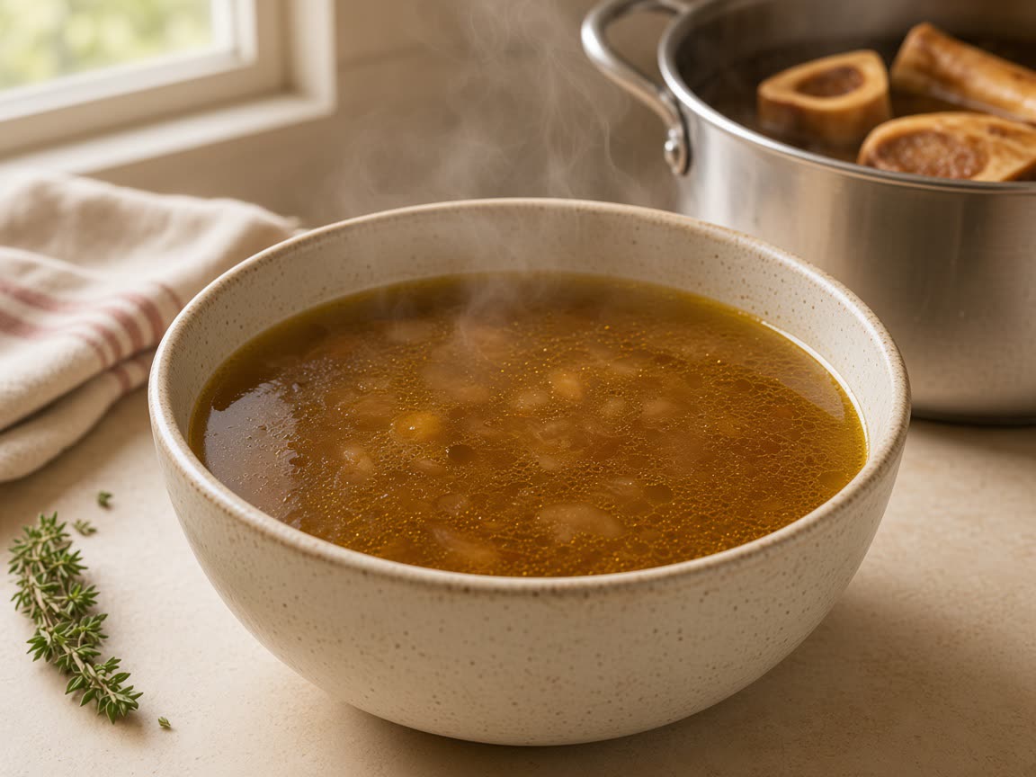 Bowl of amber beef bone broth, with marrow bones in a steel stockpot behind it