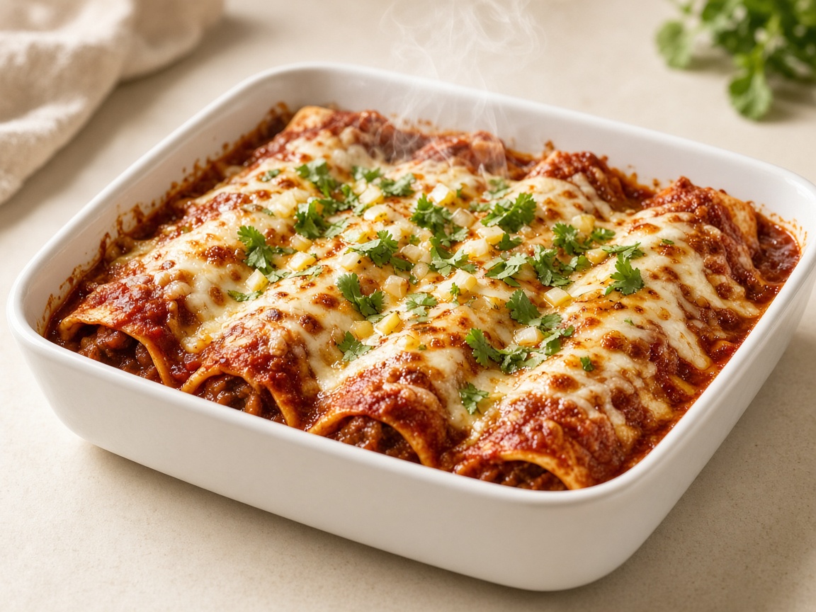AI-generated still — baked beef enchiladas in red chile sauce with melted cheese in a white ceramic baking dish, steam rising, corn tortillas rolled seam-down, optional diced onion and cilantro on top, cream kitchen counter