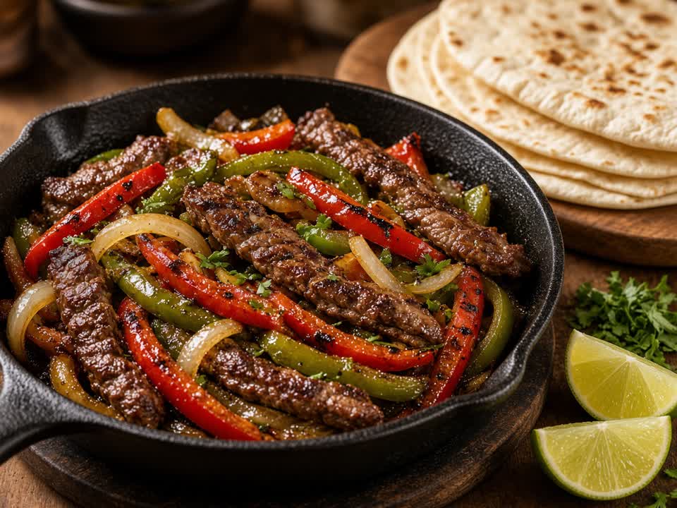 AI-generated still — sizzling beef fajita strips with red and green peppers and onions in a cast-iron skillet, warm tortillas and lime wedges beside the pan