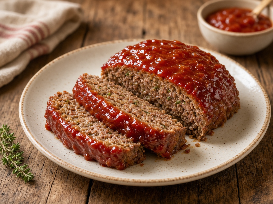 Sliced classic beef meatloaf with ketchup glaze on a cream plate
