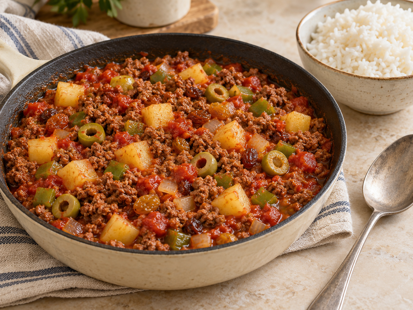 AI-generated illustration of beef picadillo with diced potato, tomato, green olives and rice