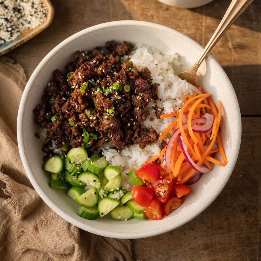 Beef and rice bowl with green onion