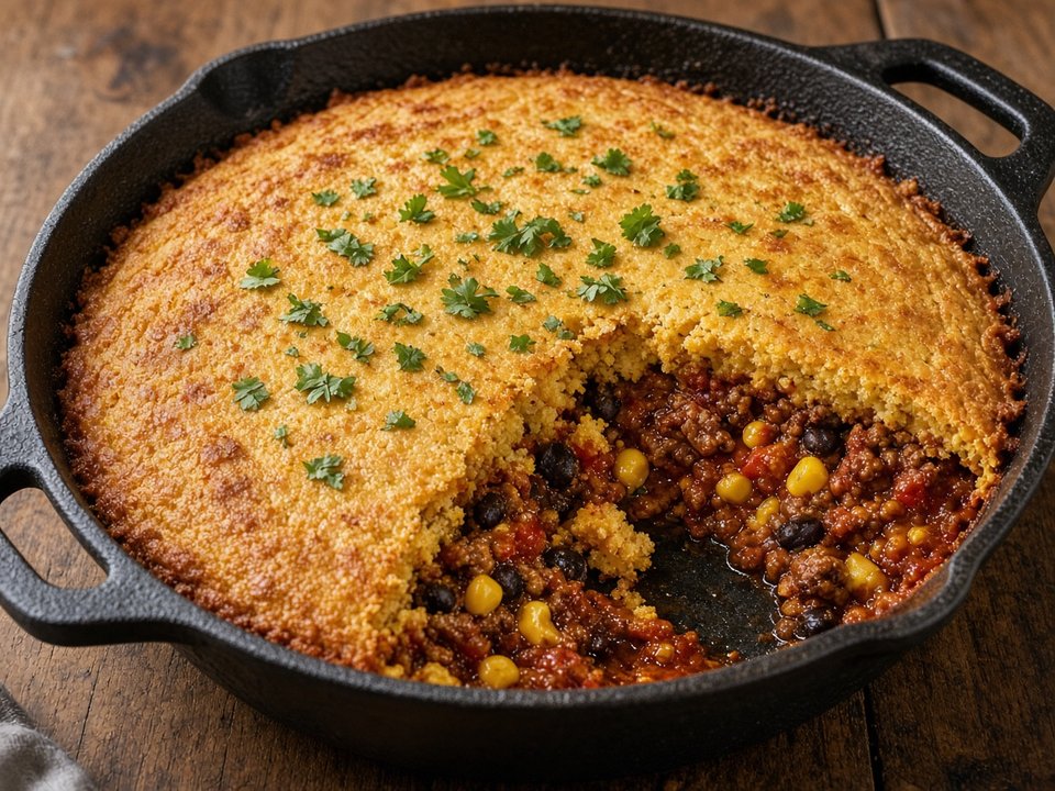 AI-generated still — beef tamale pie in a cast-iron skillet, parsley, topping cut open to show beef, black beans and corn