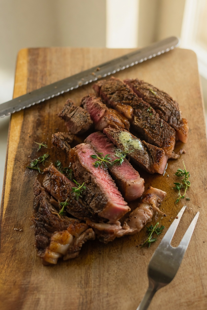 Sliced cast-iron steak on a wooden board