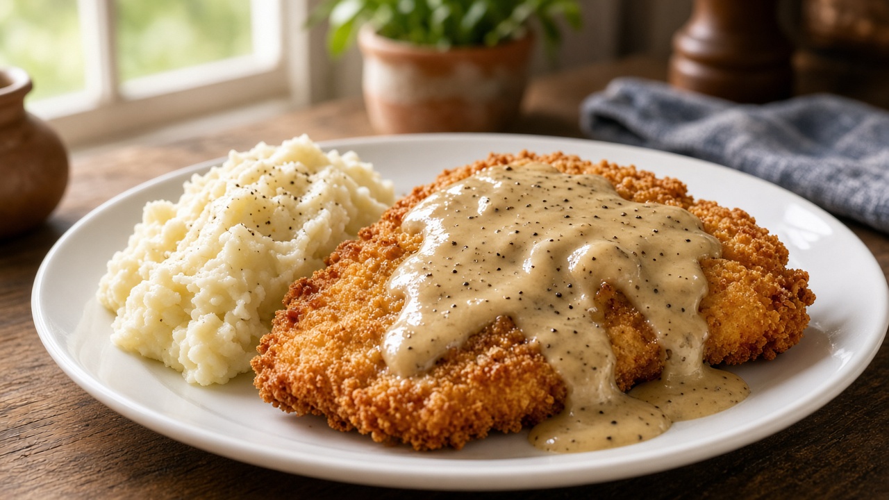 Crispy breaded chicken-fried steak with pepper cream gravy and mashed potatoes on a white plate