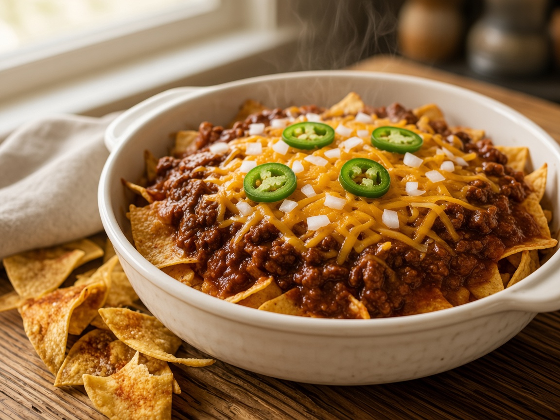 Texas Frito pie in a white bowl with Fritos, beef chili, melted cheddar, diced onion, and jalapeño slices with steam rising