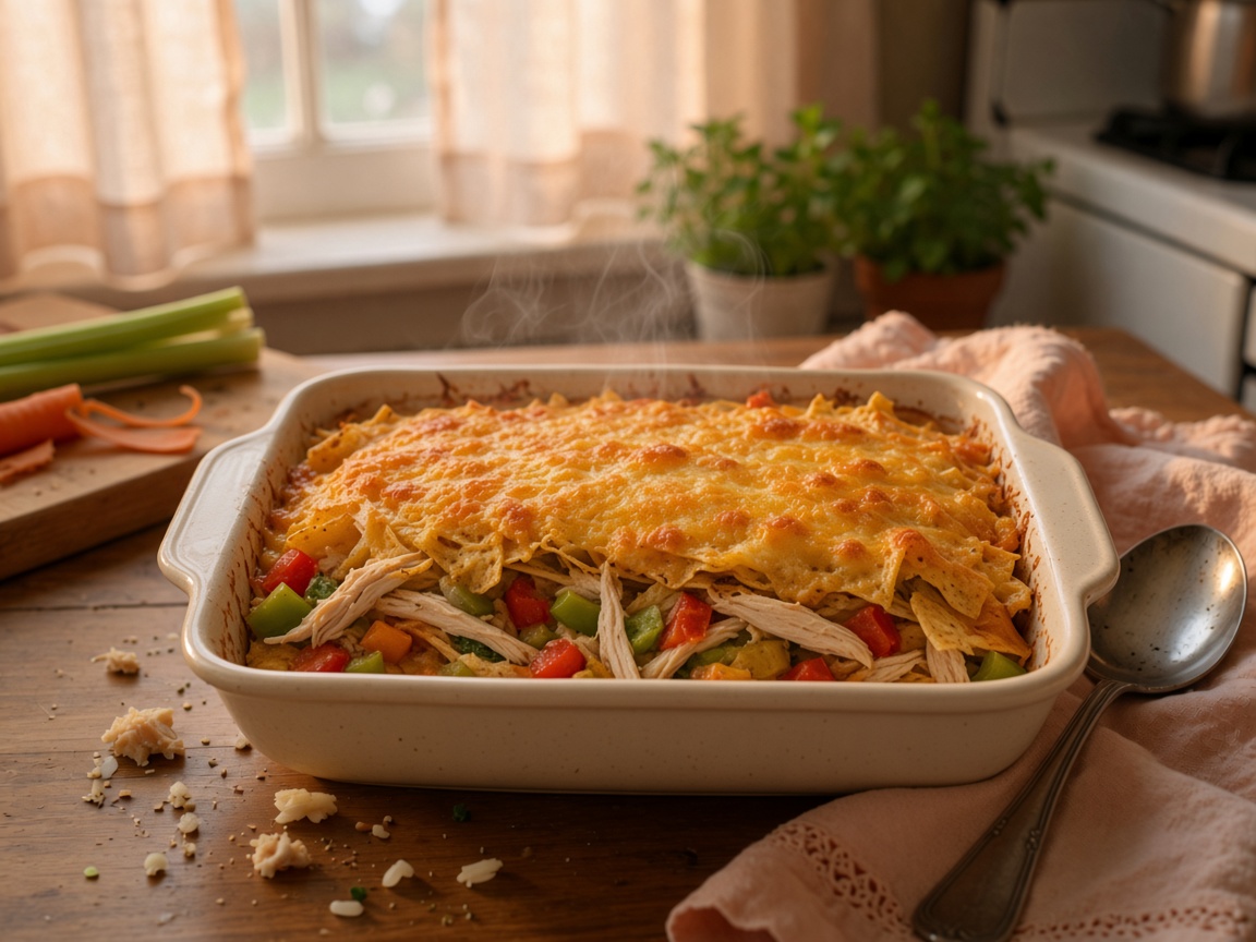 AI-generated still — steaming rectangular white baking dish of layered chicken casserole topped with bubbly golden-brown melted cheese, shredded white chicken and diced red and green bell peppers visible at the sides, tortilla chip edges peeking through, on a rustic wooden table beside a tarnished silver serving spoon and folded pink napkin, with steam rising and a sunlit kitchen background showing a cutting board with celery and carrots
