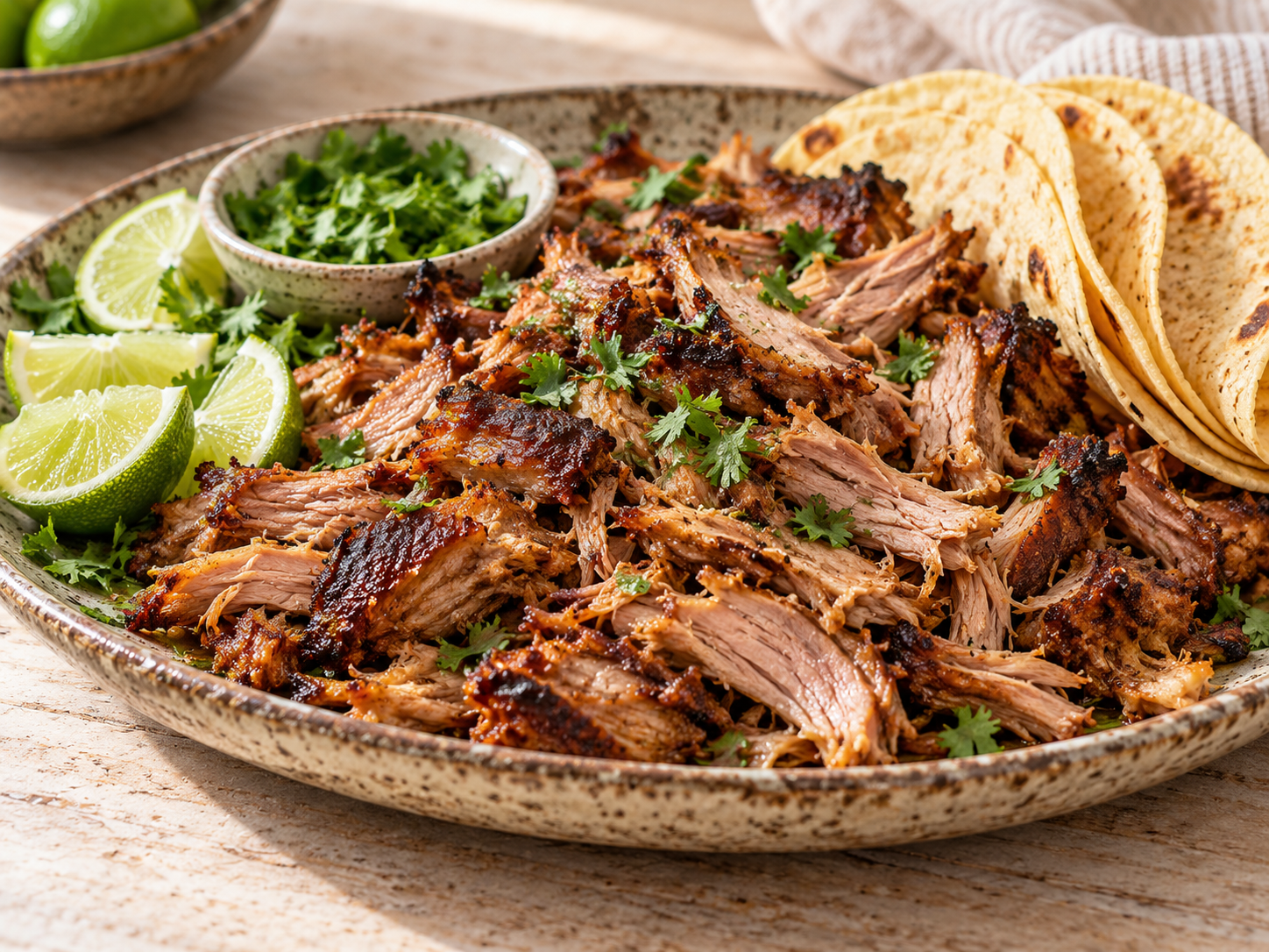 AI-generated illustration of crisp shredded pork carnitas with lime, cilantro and corn tortillas