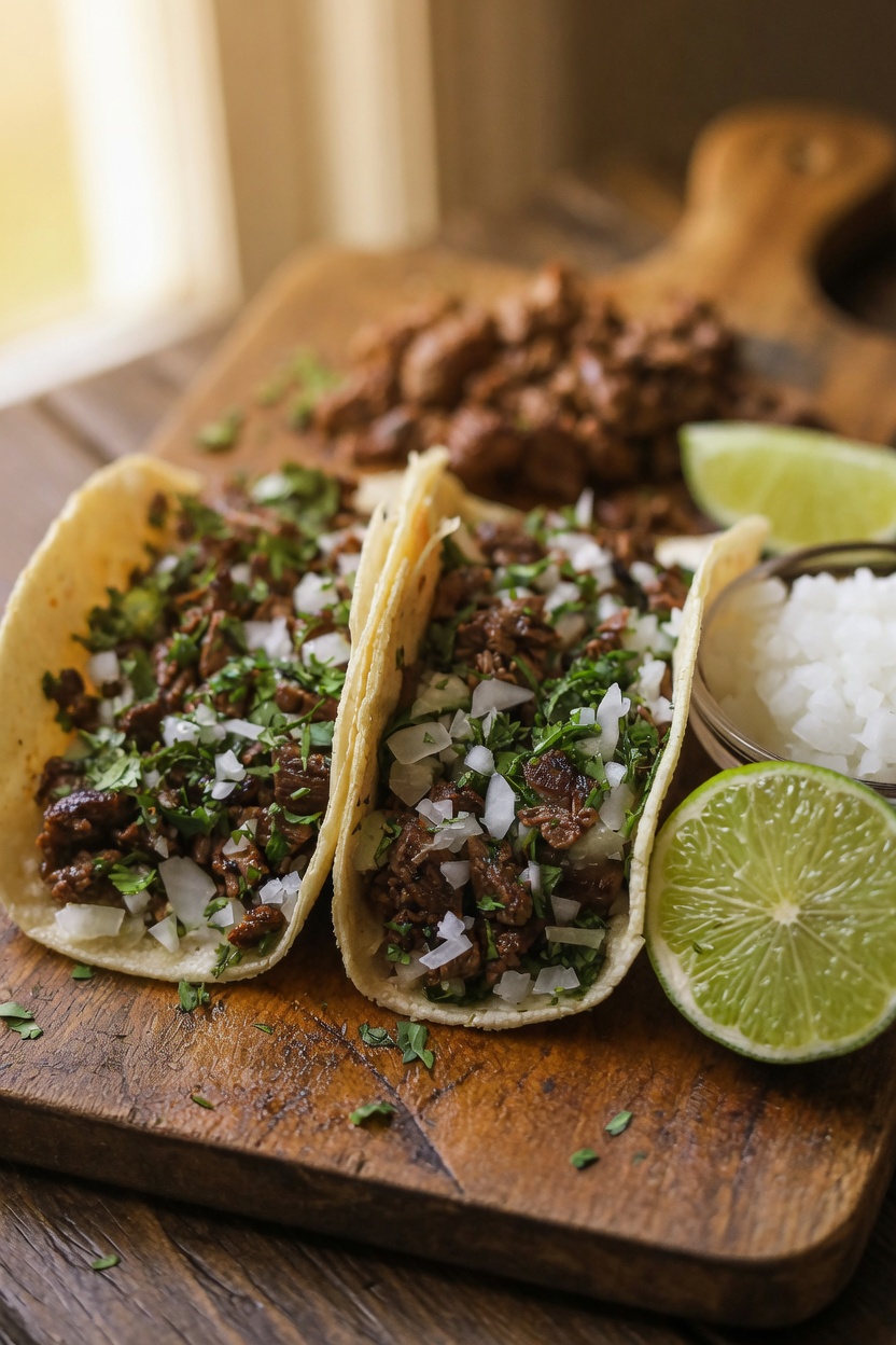 Skirt steak street tacos with cilantro and onion