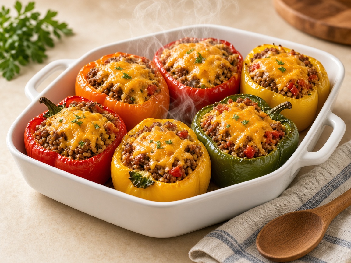 AI-generated still — six baked bell peppers stuffed with ground beef and rice mixture, melted cheddar on top, optional chopped parsley garnish, in a white ceramic baking dish with light steam, on a cream kitchen counter beside a wooden spoon and folded linen napkin