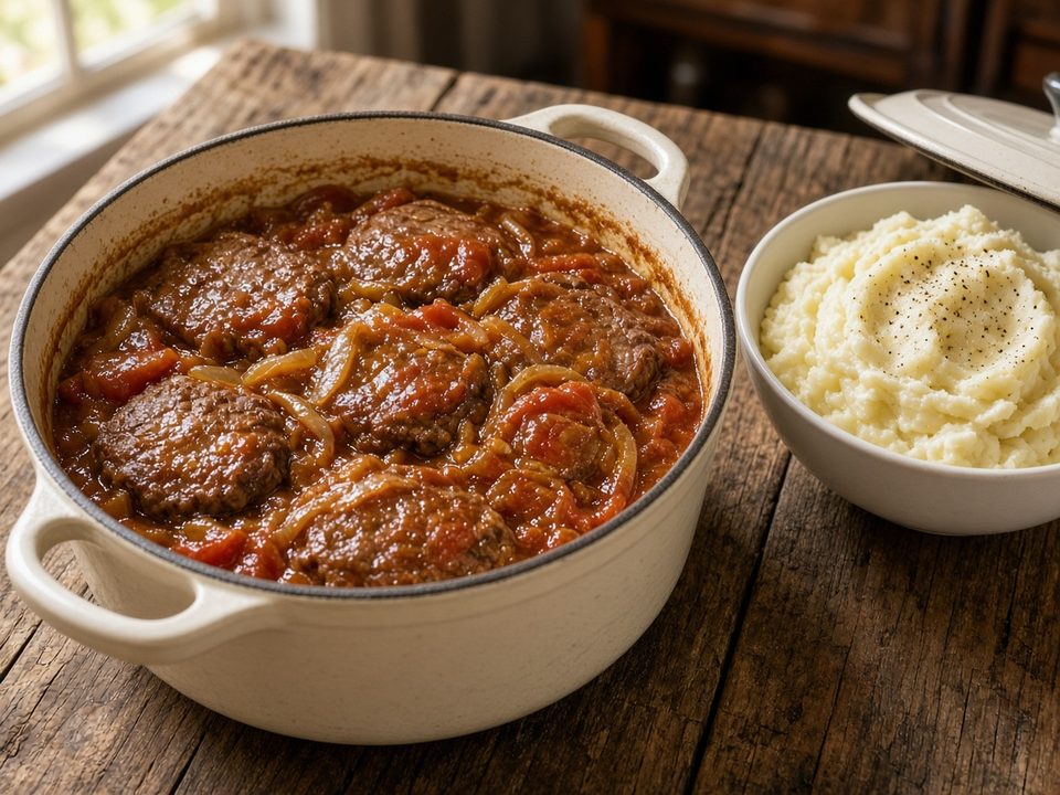 AI-generated still — Swiss steak in tomato onion gravy in a Dutch oven, mashed potatoes in a white bowl beside the pot