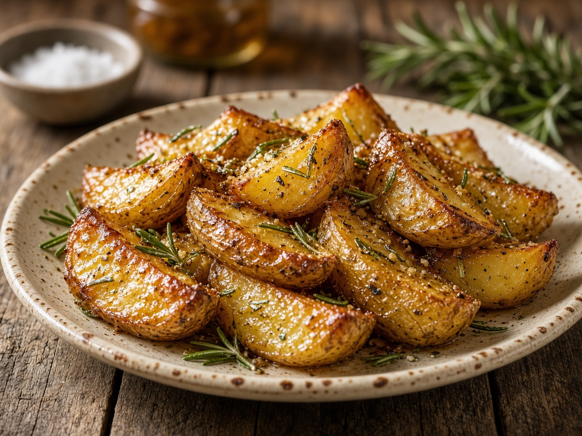 Golden roasted potato wedges on a cream plate, glistening with beef tallow, rosemary, and garlic
