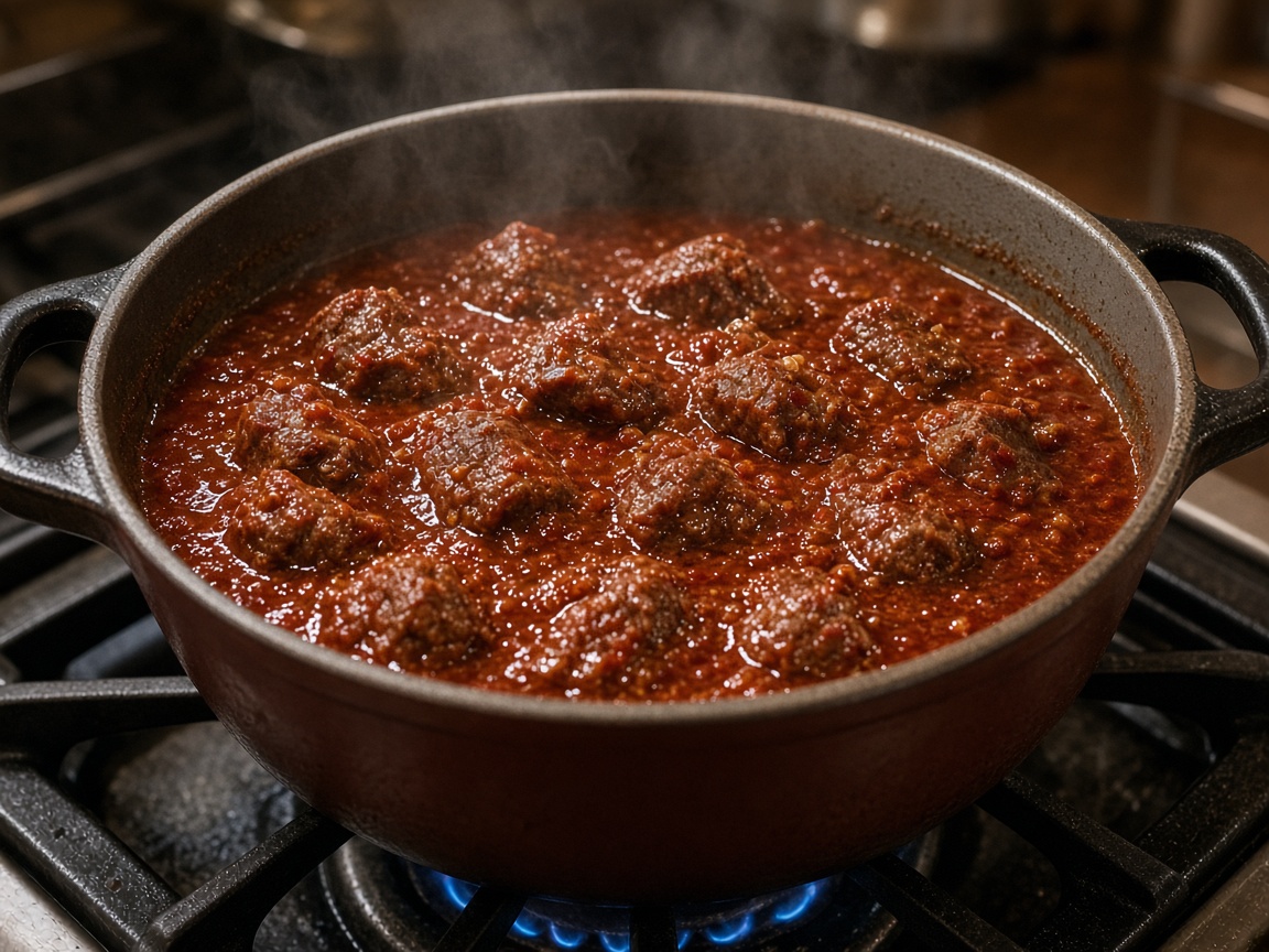 AI-generated still — cubed chuck beef simmering in thick red chili with no beans in a cast-iron Dutch oven on a gas stovetop, blue flames beneath and steam rising